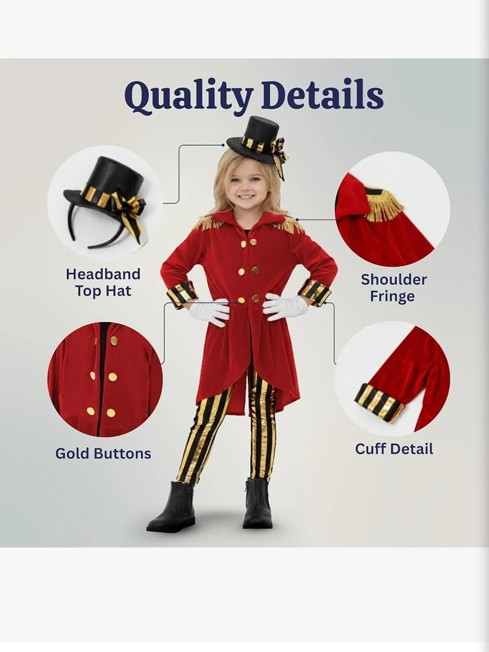 Kids Red Ringmaster Costume with Gold Trim